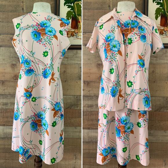 Vintage 1960s 1970s Bleeker Street Knit Jacket Matching Dress Set MOD Boho M/L - Picture 1 of 10